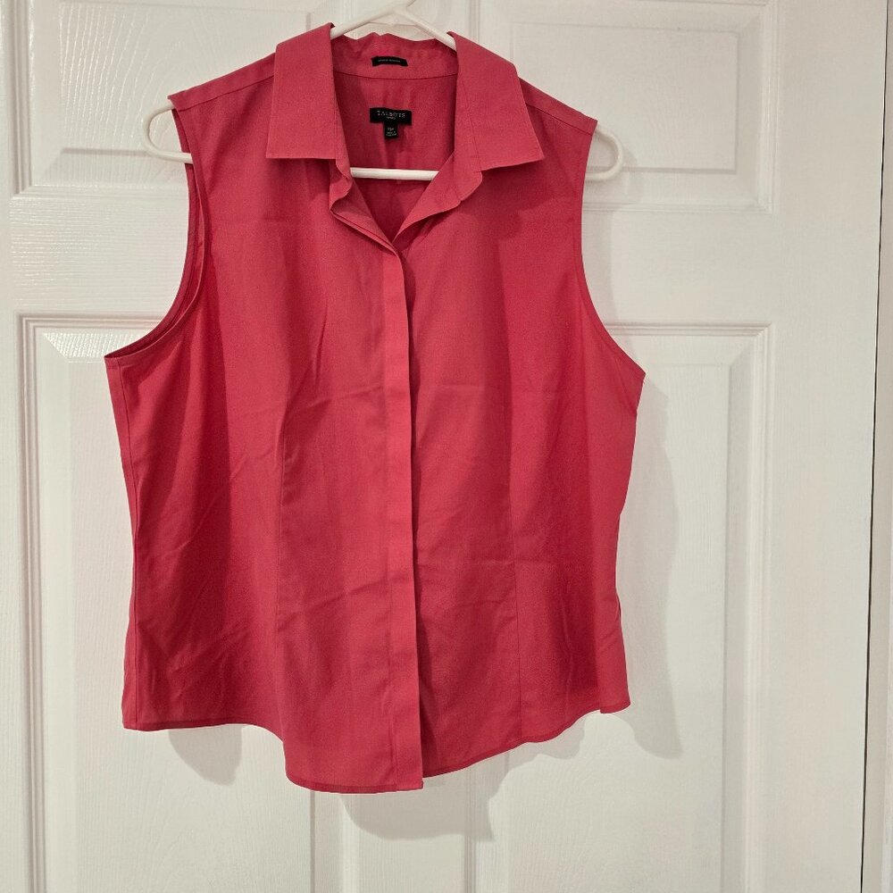 Talbots Petite Button Up Sleeveless Blouse Pink Hidden Buttons Collar Size 16P